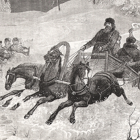 катание на санях, запряженных русской тройкой. старинная литография