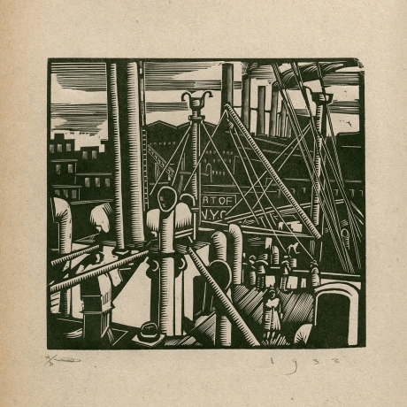 индустриальный городской пейзаж, авторская гравюра на дереве эрика гилла
