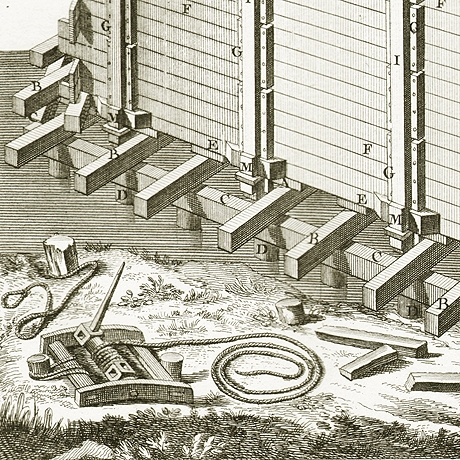 деревянные конструкции и распил свай. cтаринные гравюры в раме