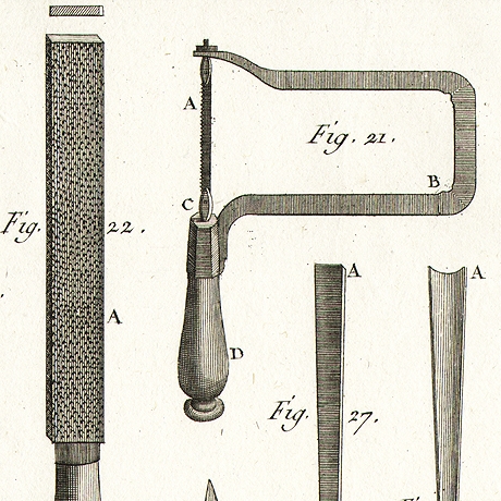 инструментарий для работы по дереву и металлу. гравюры, бумага ручной выделки, 1770-е гг.