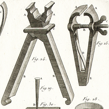 инструментарий для работы по дереву и металлу. гравюры, бумага ручной выделки, 1770-е гг.