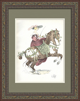 Маркиза Ньюкасл на конной прогулке. Мода стюартовской Англии, редкая гравюра 19 века