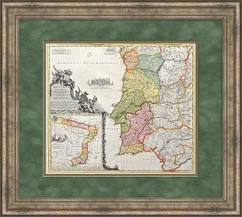 Редкая карта Португалии, западной части Испании и Бразилии, ок. 1720 г. Кабинетный формат