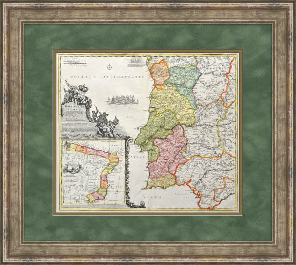 Редкая карта Португалии, западной части Испании и Бразилии, ок. 1720 г. Кабинетный формат