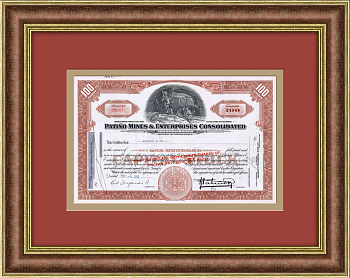 Шахты и добыча олова: Сертификат на 100 акций боливийской компании Patino Mines & Enterprises Consolidated Inc. 1955 года
