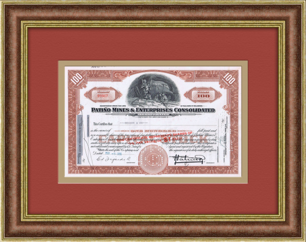 Шахты и добыча олова: Сертификат на 100 акций боливийской компании Patino Mines & Enterprises Consolidated Inc. 1955 года