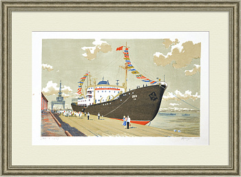 Дизель-электроход "Обь". В порту, редкая гравюра