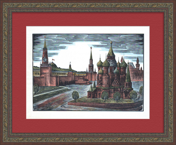 Красная площадь, Собор Василия Блаженного. Авторская, винтажная гравюра