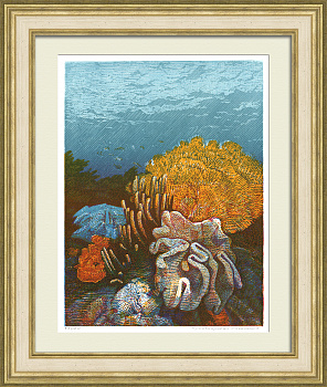 Морские анемоны. Авторская винтажная линогравюра