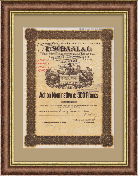 Французская компания по производству шоколада и чая. Старинная акция в 500 франков 1927 года