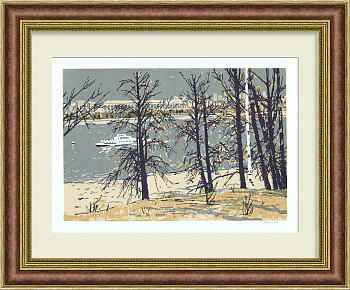 Вид на Лужники, Воробьевы горы, Москва. Авторская линогравюра