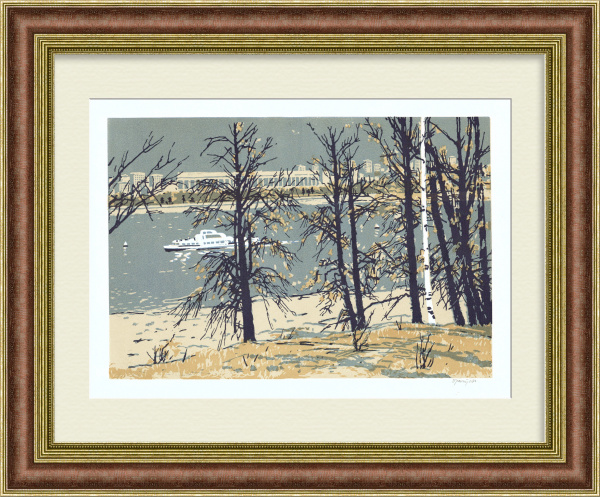 Вид на Лужники, Воробьевы горы, Москва. Авторская линогравюра