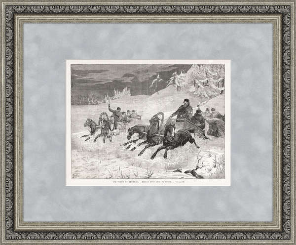 Катание на санях, запряженных русской тройкой. Старинная литография