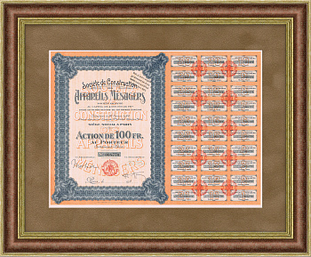 Производство бытовой техники, акция в 100 франков Societe de Construction des Appareils Menagers 1924 года