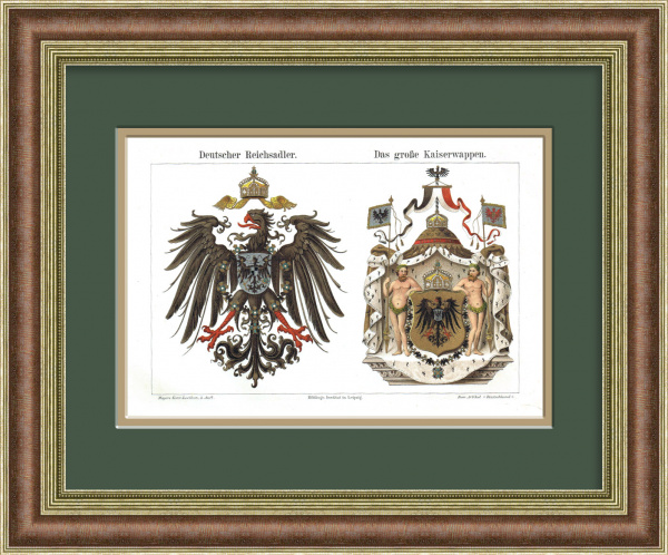 Гербы королевства Пруссия. Антикварная хромолитография в раме