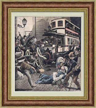 Автомобильное происшествие в Амстердаме. Антикварная литография 1907 года