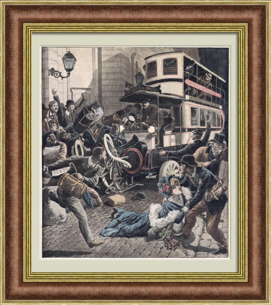 Автомобильное происшествие в Амстердаме. Антикварная литография 1907 года