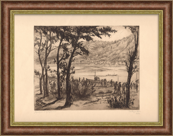 Пристань в Ставрополе-на-Волге. Редкая, старинная гравюра