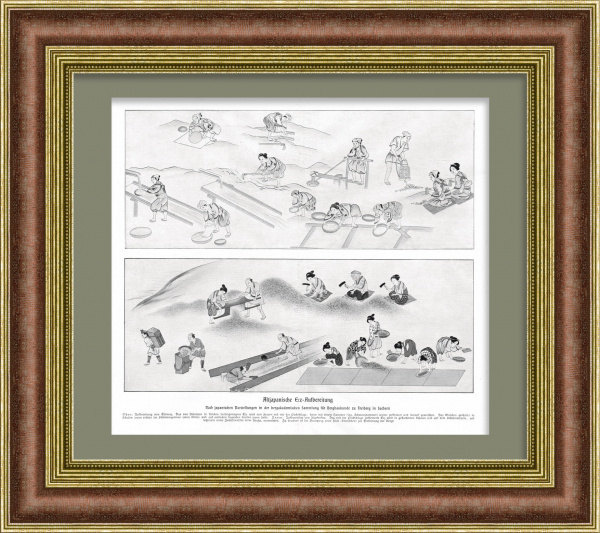 Переработка руды в древней Японии. Старинная литография