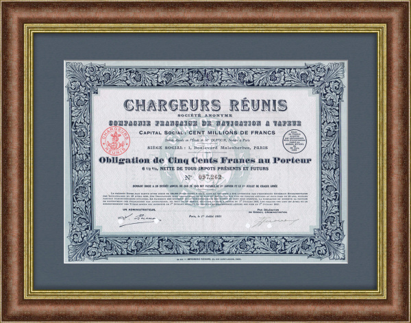 Морские перевозки. Пароходная компания Chargeurs Reunis. Облигация на 500 франков ,1921 год