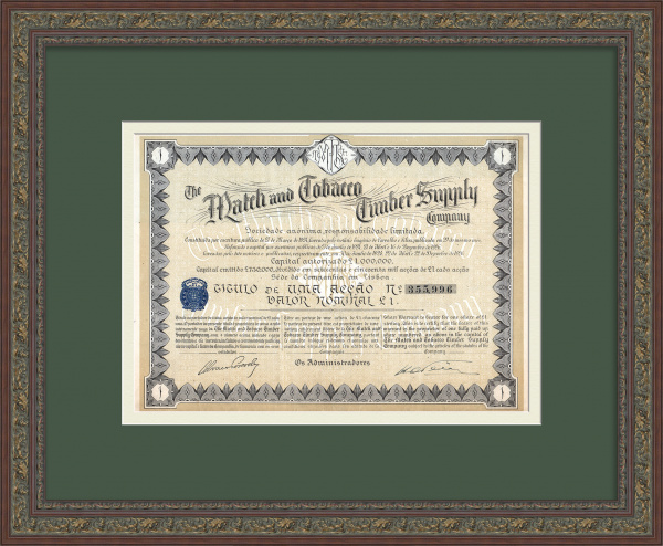 Акционерное общество Компании по снабжению табаком и спичками. Антикварная акция в 1 фунт стерлингов 1924 года