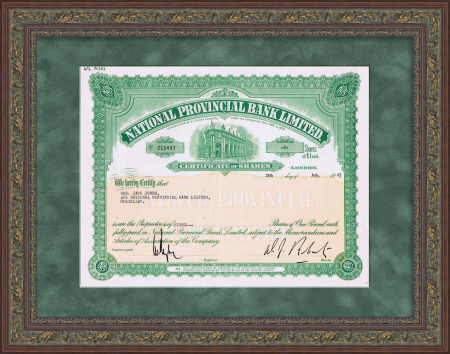 Великобритания: Национальный провинциальный банк, сертификат на 8 акций, 1962 год