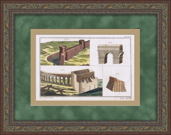 Строительство акведуков. Редкая гравюра с ручной раскраской