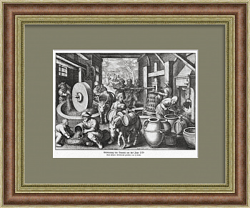 Производство оливкого масла в 1570 году. Старинная графика