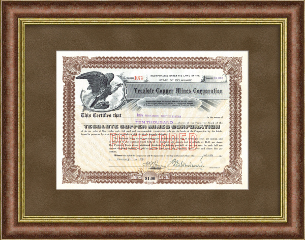 Сертификат на 10.000 акций компании Tecolote Copper Corporation 1921 года. Добыча медной руды