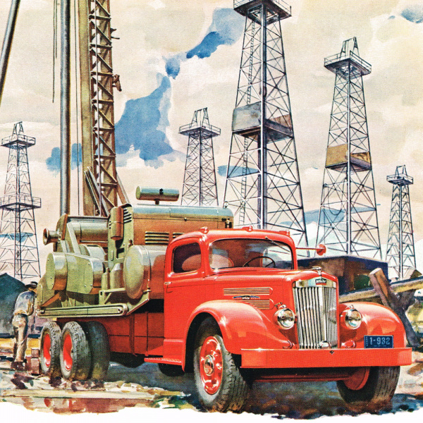 грузовик при работе на нефтяных месторождениях, винтажная реклама, 1942 г.
