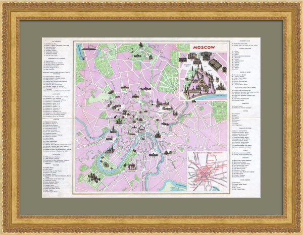 Иллюстрированный план Москвы с достопримечательностями эпохи «оттепели» и схемой метро