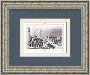 Русские зимние забавы: катание на коньках и на санях. Старинная гравюра