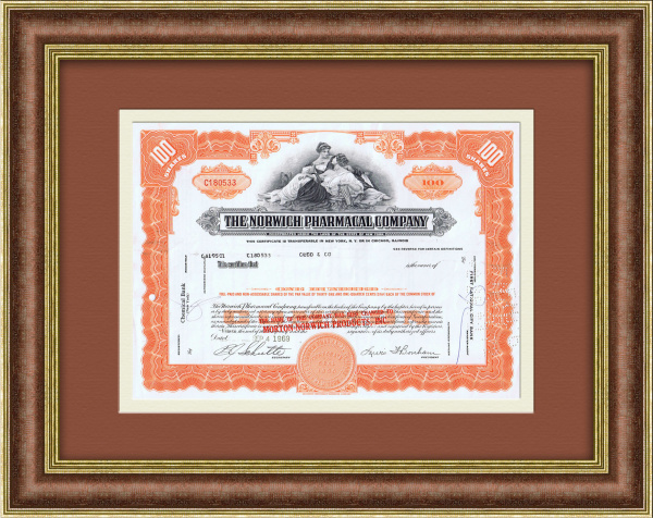 Сертификат фарм.компании Norwich Pharma 1969 года на на 100 акций