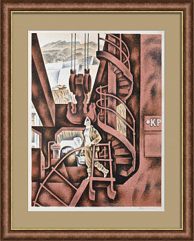 Крановщица. Советская стройка, винтажная автолитография