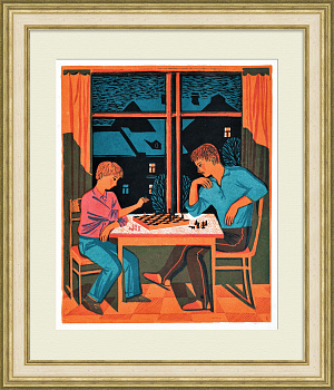 Игра в шахматы. Авторская, винтажная гравюра