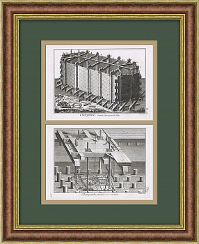 Деревянные конструкции и распил свай. Cтаринные гравюры в раме