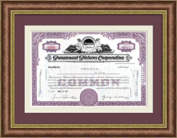 Paramount Pictures Corporation, киноиндустрия. Сертификат на 10 акций 1965 года