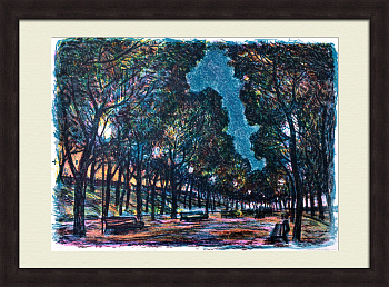 Гоголевский бульвар ночью, Москва. Авторская литография