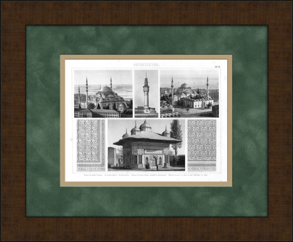 Мечети Турции и Алжира. Антикварная гравюра в раме