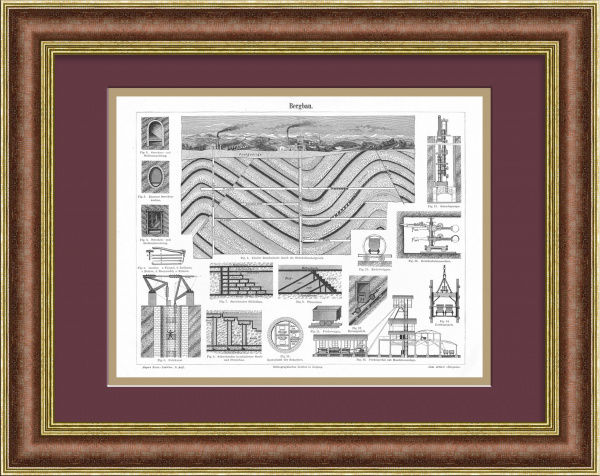 Горное дело: схемы оборудования и способы добычи. Старинная литография