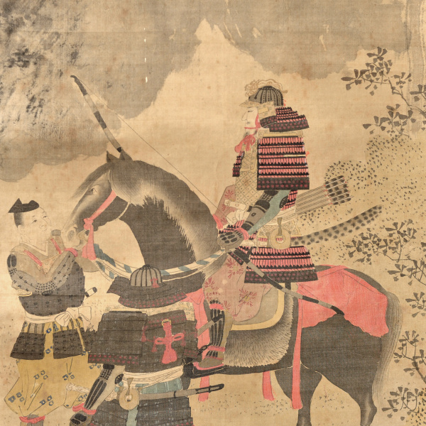 самурай минамото-но ёсие на коне. япония, живопись на шелке