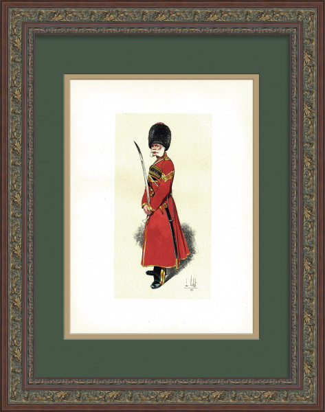Казачий унтер-офицер, младший вахмистр. Старинная литография в раме