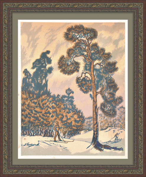 Лыжники в лесу. Старинная линогравюра