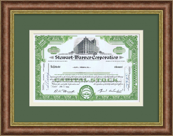 Сертификат на 10 акций компании  Stewart Warner Corporation, 1965 года. Производство автозапчастей