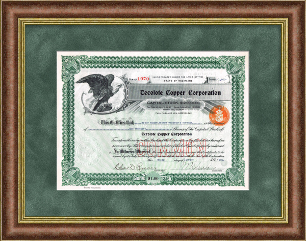 Сертификат на 1000 акций компании Tecolote Copper Corporation 1921 года. Добыча медной руды