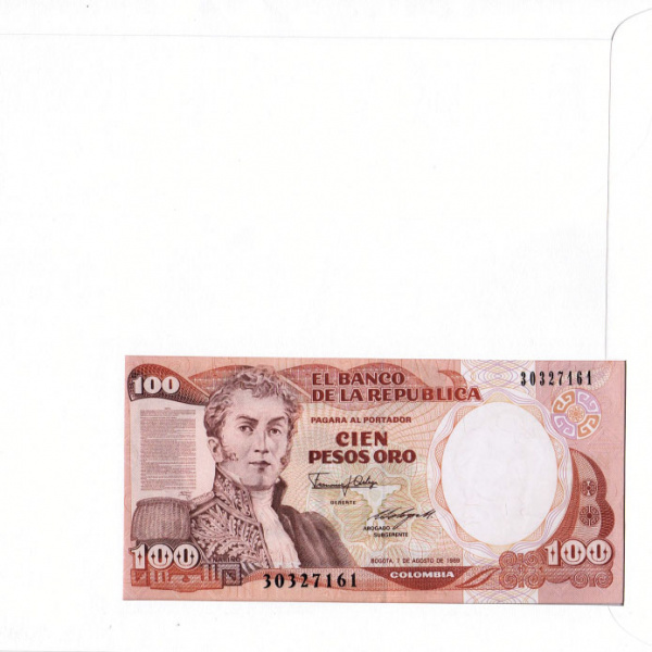 колумбия: купюра, конверт, марки со спец. гашением. коллекционный выпуск