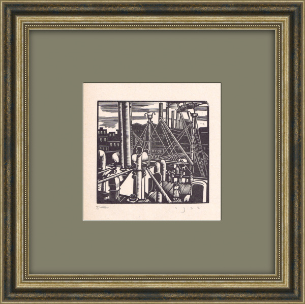 Индустриальный городской пейзаж, авторская гравюра на дереве Эрика Гилла