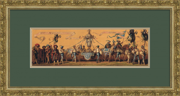 Жестянщики на торжественном шествии, антикварная хромолитография в раме