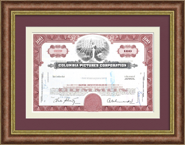 Columbia Pictures Corporation, киноиндустрия. Сертификат на 100 акций 1964 года