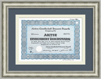 Пивоварня Понарт в Калининграде. Акция на 100 рейхсмарок 1942 года